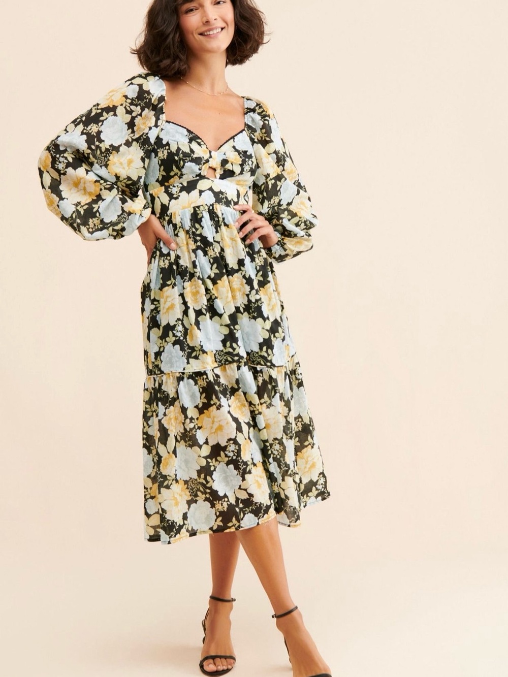 Sweetheart Puff-Sleeve Floral Midi Dress - Black Floral